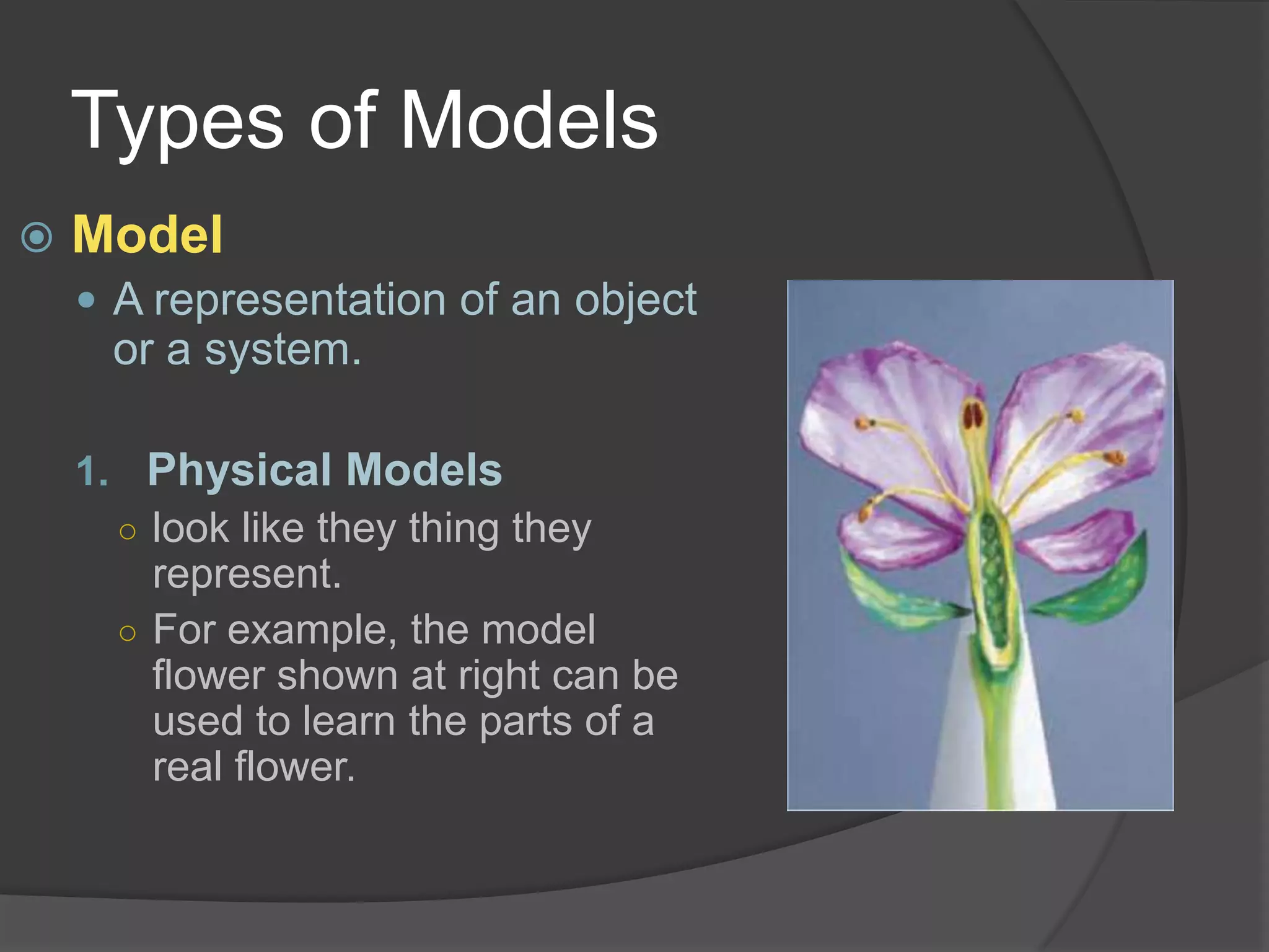 Types of ModelsModelA representation of an object or a system.Physical Modelslook like they thing they represent.For example, the model flower shown at right can be used to learn the parts of a real flower.