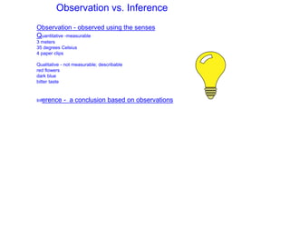 Observation vs. Inference
Observation - observed using the senses
Quantitative -measurable
3 meters
35 degrees Celsius
4 paper clips
Qualitative - not measurable; describable
red flowers
dark blue
bitter taste
Inference - a conclusion based on observations
 