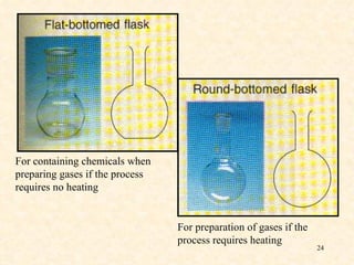 For preparation of gases if the process requires heating For containing chemicals when preparing gases if the process requires no heating 