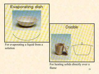 For evaporating a liquid from a solution For heating solids directly over a flame 