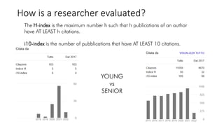 How is a researcher evaluated?
The H-index is the maximum number h such that h publications of an author
have AT LEAST h citations.
i10-index is the number of pubblications that have AT LEAST 10 citations.
YOUNG
vs
SENIOR
 