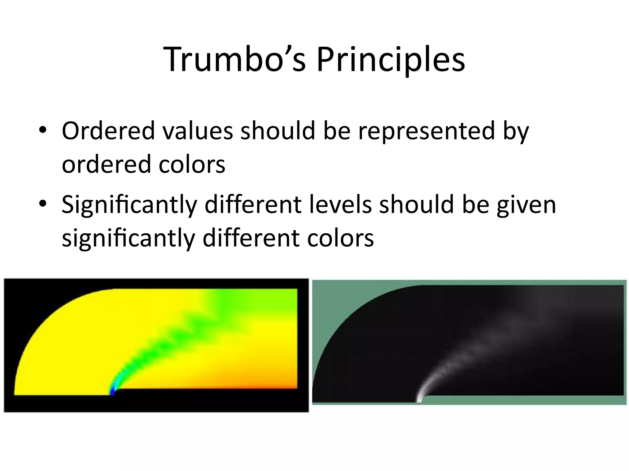 Trumbo’s PrinciplesOrdered values should be represented by ordered colorsSigniﬁcantly different levels should be given signiﬁcantly different colors