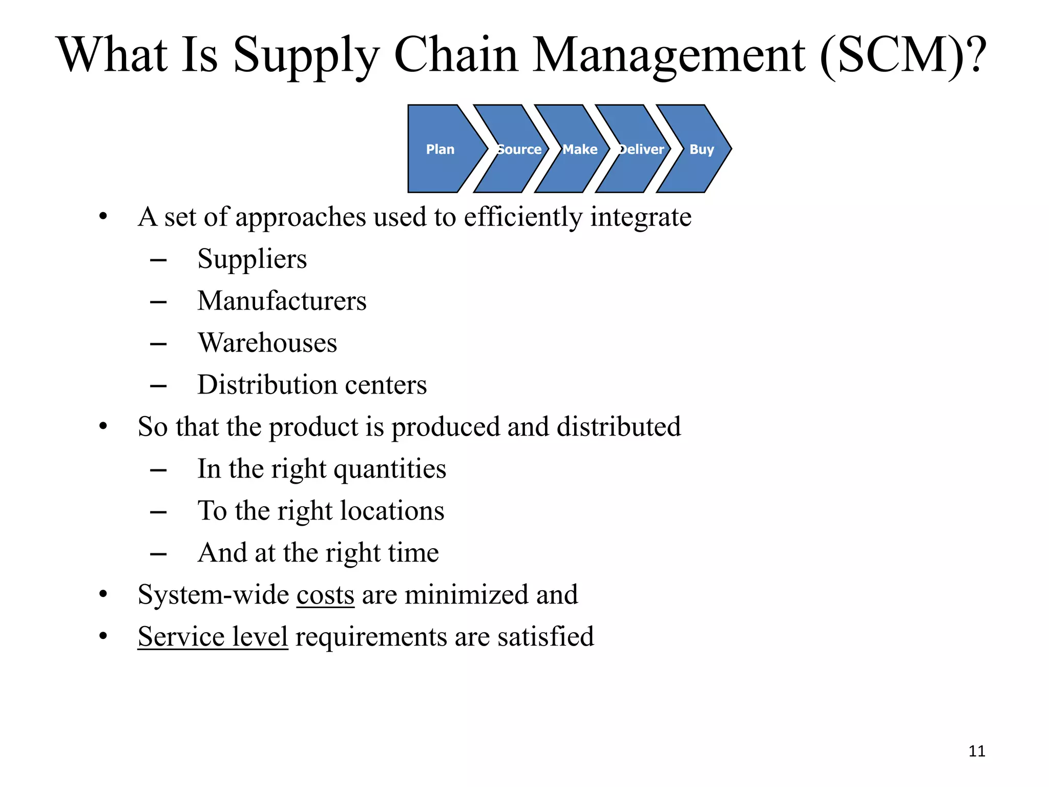 What Is Supply Chain Management (SCM)?
• A set of approaches used to efficiently integrate
– Suppliers
– Manufacturers
– Warehouses
– Distribution centers
• So that the product is produced and distributed
– In the right quantities
– To the right locations
– And at the right time
• System-wide costs are minimized and
• Service level requirements are satisfied
11
Plan Source Make Deliver Buy
 