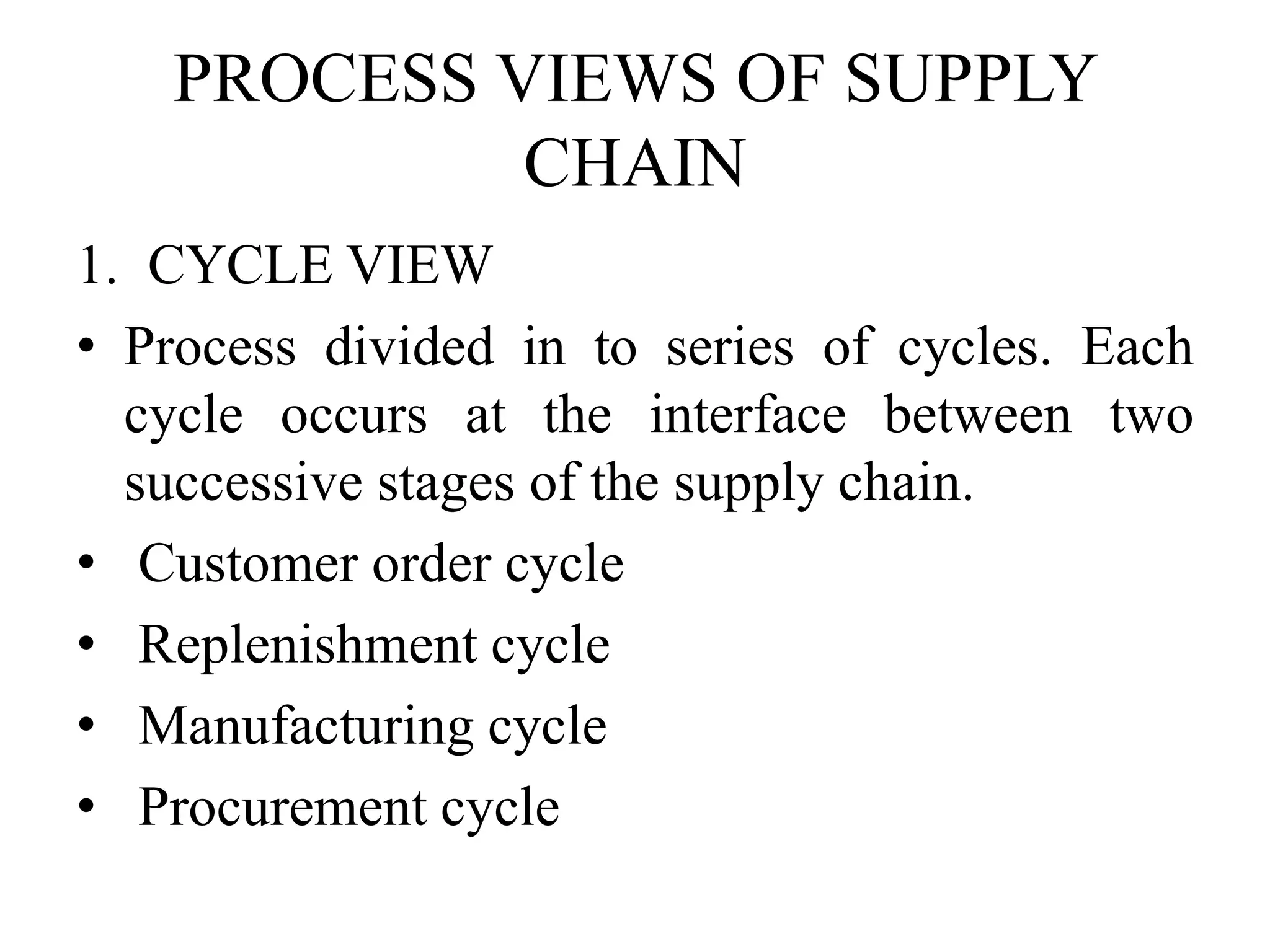 PROCESS VIEWS OF SUPPLY
CHAIN
1. CYCLE VIEW
• Process divided in to series of cycles. Each
cycle occurs at the interface between two
successive stages of the supply chain.
• Customer order cycle
• Replenishment cycle
• Manufacturing cycle
• Procurement cycle
 