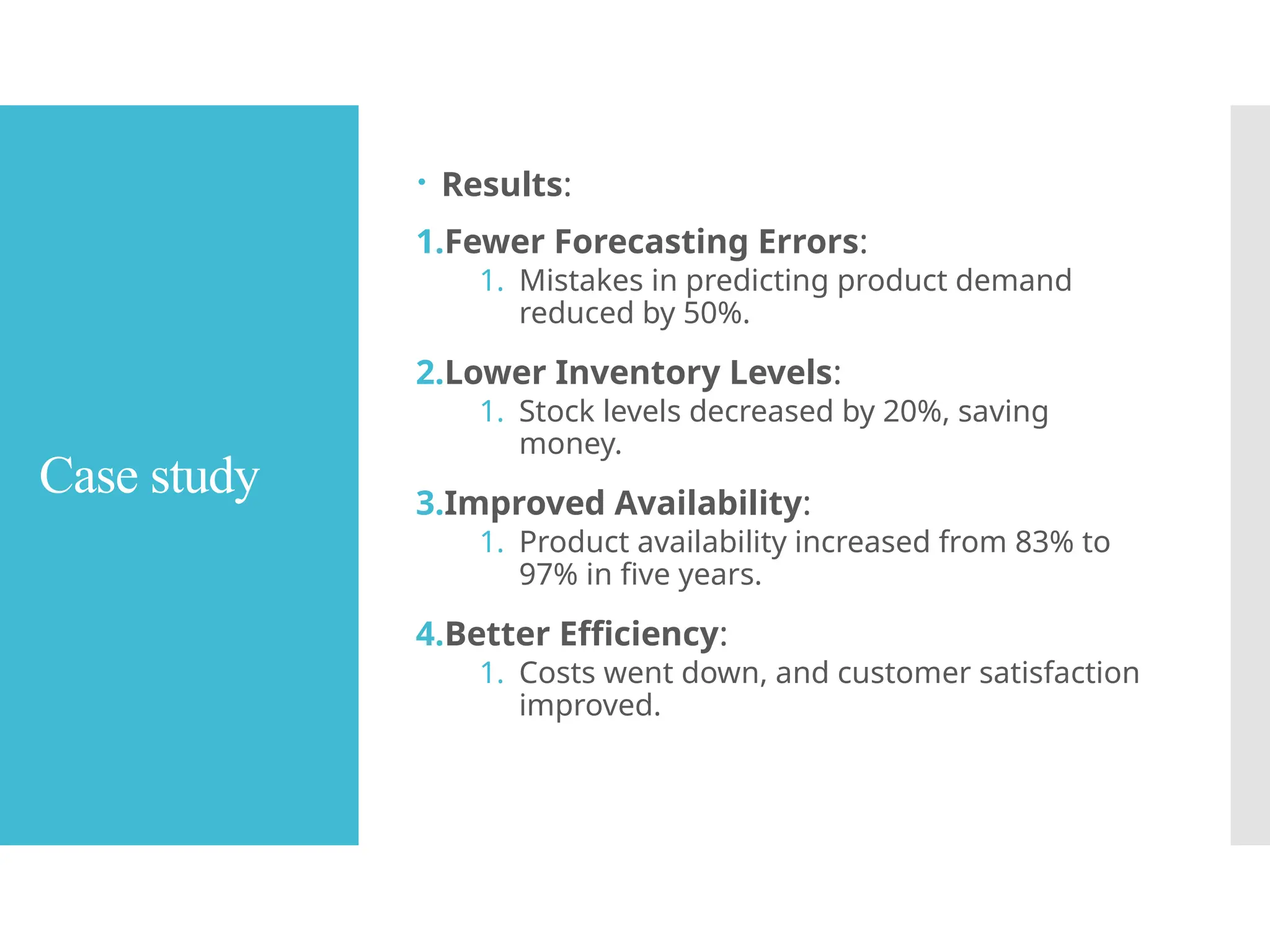 Case study
 Results:
1.Fewer Forecasting Errors:
1. Mistakes in predicting product demand
reduced by 50%.
2.Lower Inventory Levels:
1. Stock levels decreased by 20%, saving
money.
3.Improved Availability:
1. Product availability increased from 83% to
97% in five years.
4.Better Efficiency:
1. Costs went down, and customer satisfaction
improved.
 
