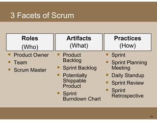 3 Facets of Scrum

  Roles          Artifacts        Practices
  (Who)
  (Wh )           (What)            (How)
Product Owner   Product          Sprint
Team            Backlog          Sprint Planning
                                 S
Scrum Master    Sprint Backlog   Meeting
                Potentially      Daily Standup
                Shippable        Sprint Review
                Product
                                 Sprint
                Sprint           Retrospective
                Burndown Chart


                                                   18
 