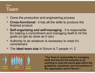 Role:

Team
   O s t e p oduct o and engineering process
   Owns the production a d e g ee g p ocess
   Cross-functional - it has all the skills to produce the
   finished product
   Self-organizing and self-managing - it is responsible
   for making a commitment and managing itself to hit the
   goals (or get as close as it can)
   Authority to do whatever is necessary to meet it’s
   commitment
   The ideal team size in Scrum is 7 people +/- 2

                           “The Team is responsible for managing
                           itself and has the full authority to do
                           anything to meet the sprint goal within the
                           guidelines, standards, and conventions of
                           the organization and of Scrum.”
                                                                    21
 
