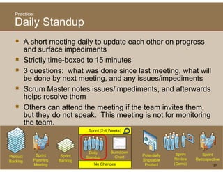 Practice:

Daily Standup
    A short meeting da y to update eac ot e o p og ess
      s o t eet g daily             each other on progress
    and surface impediments
    Strictly time-boxed to 15 minutes
    3 questions: what was done since last meeting, what will
    be done by next meeting, and any issues/impediments
    Scrum Master notes issues/impediments, and afterwards
    helps resolve them
    Others can attend the meeting if the team invites them,
                                                      them
    but they do not speak. This meeting is not for monitoring
    the team.




                                                                37
 