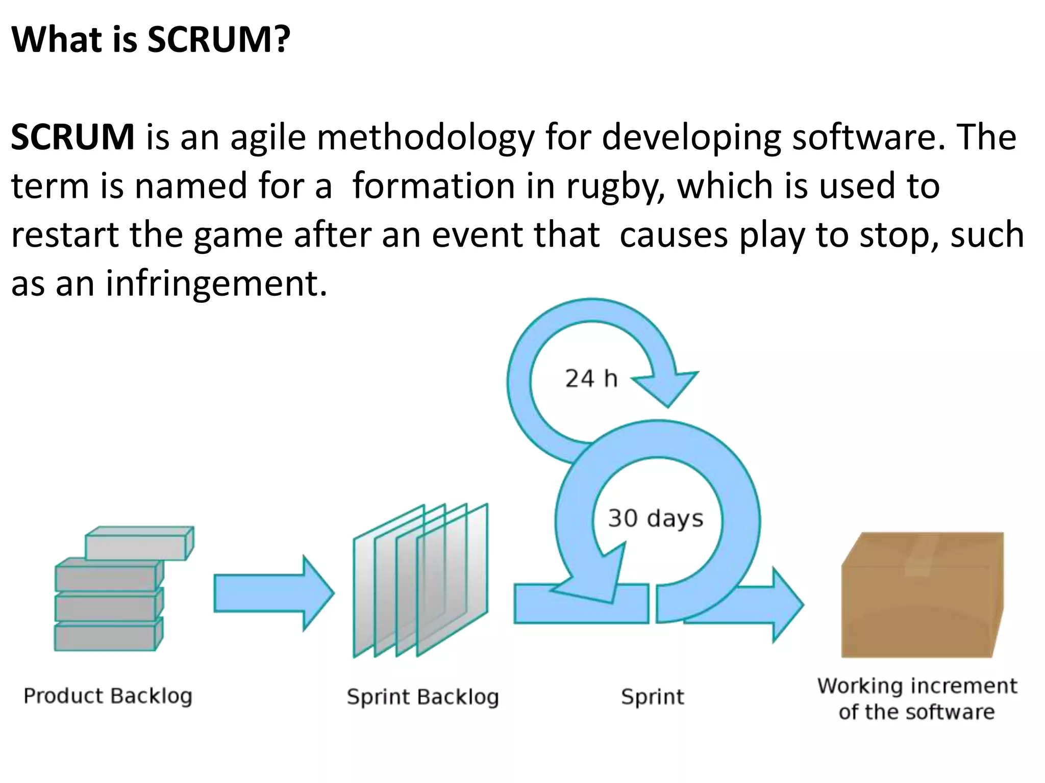 What is SCRUM?SCRUM is an agile methodology for developing software. The term is named for a  formation in rugby, which is used to restart the game after an event that  causes play to stop, such as an infringement.