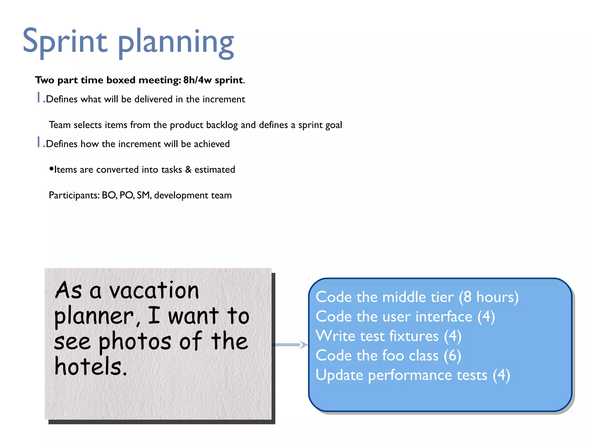 Sprint planning
Two part time boxed meeting: 8h/4w sprint.
1.Defines what will be delivered in the increment
Team selects items from the product backlog and defines a sprint goal
1.Defines how the increment will be achieved
•Items are converted into tasks & estimated
Participants: BO, PO, SM, development team
As a vacation
planner, I want to
see photos of the
hotels.
As a vacation
planner, I want to
see photos of the
hotels.
Code the middle tier (8 hours)
Code the user interface (4)
Write test fixtures (4)
Code the foo class (6)
Update performance tests (4)
 