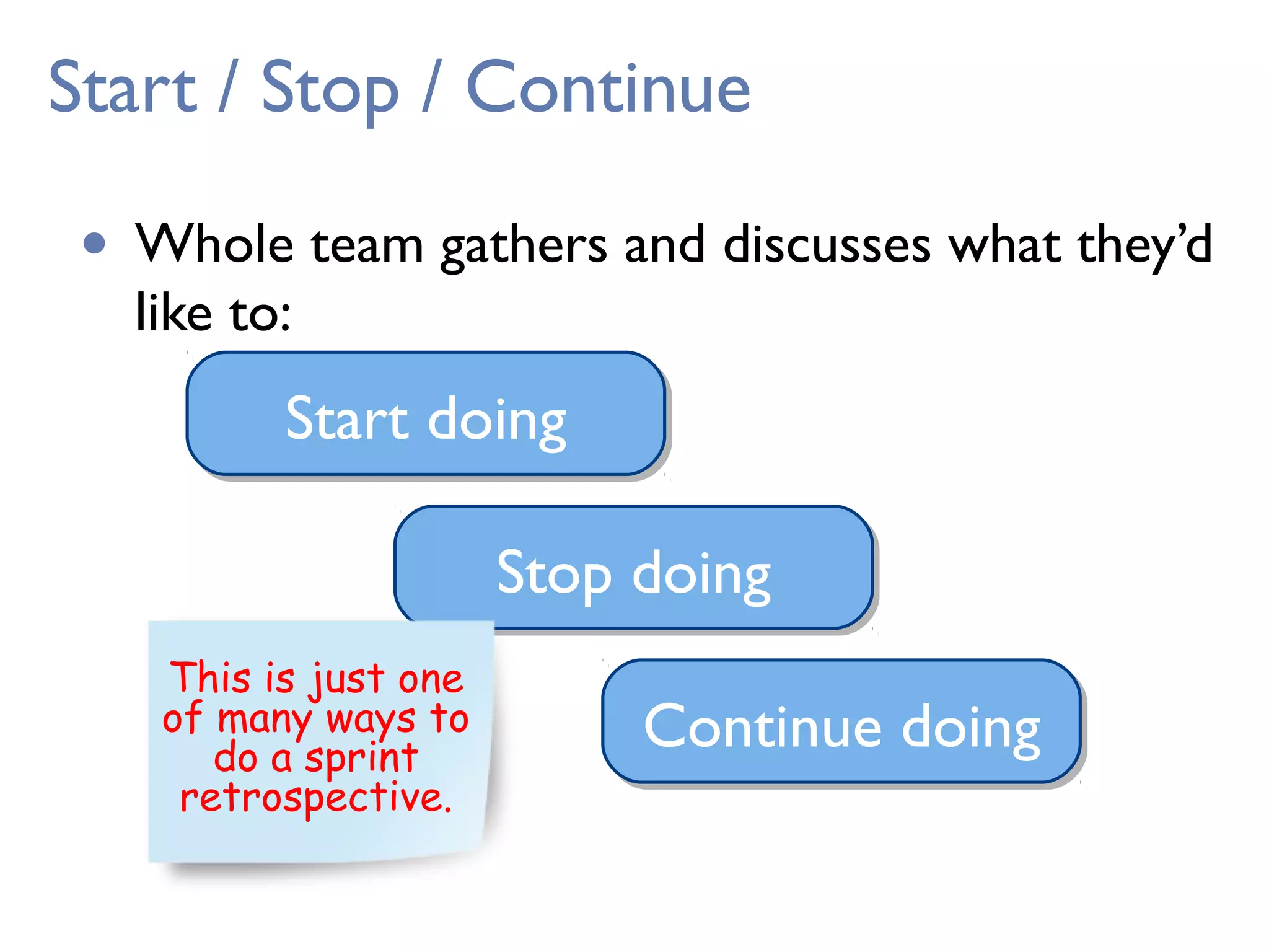 Start / Stop / Continue
• Whole team gathers and discusses what they’d
like to:
Start doingStart doing
Stop doingStop doing
Continue doingContinue doing
This is just one
of many ways to
do a sprint
retrospective.
 