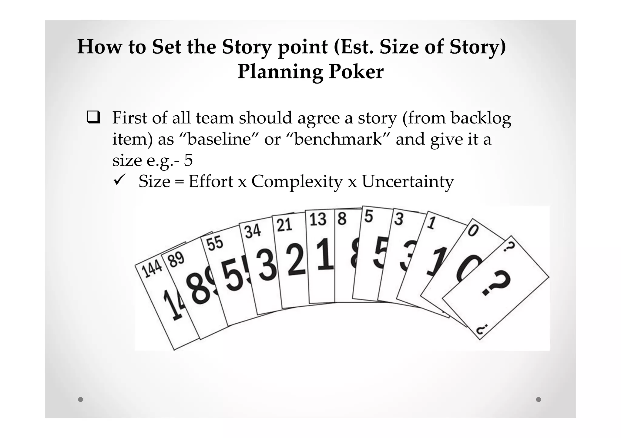How to Set the Story point (Est. Size of Story)
Planning Poker
First of all team should agree a story (from backlog
item) as “baseline” or “benchmark” and give it a
size e.g.- 5
Size = Effort x Complexity x Uncertainty
 
