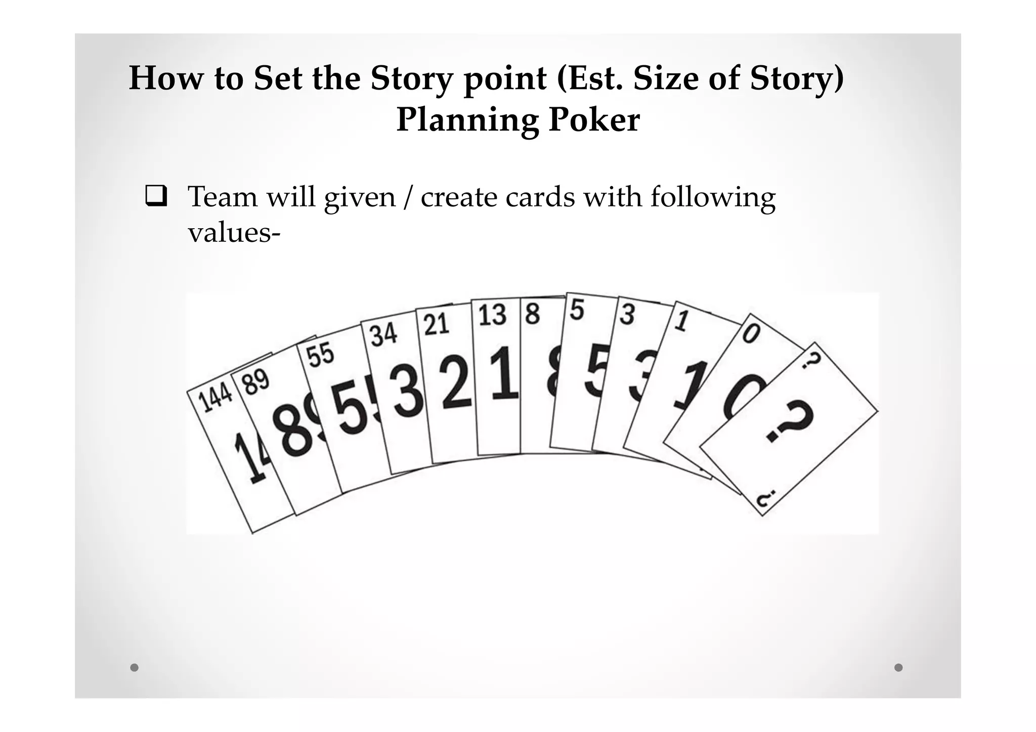 How to Set the Story point (Est. Size of Story)
Planning Poker
Team will given / create cards with following
values-
 