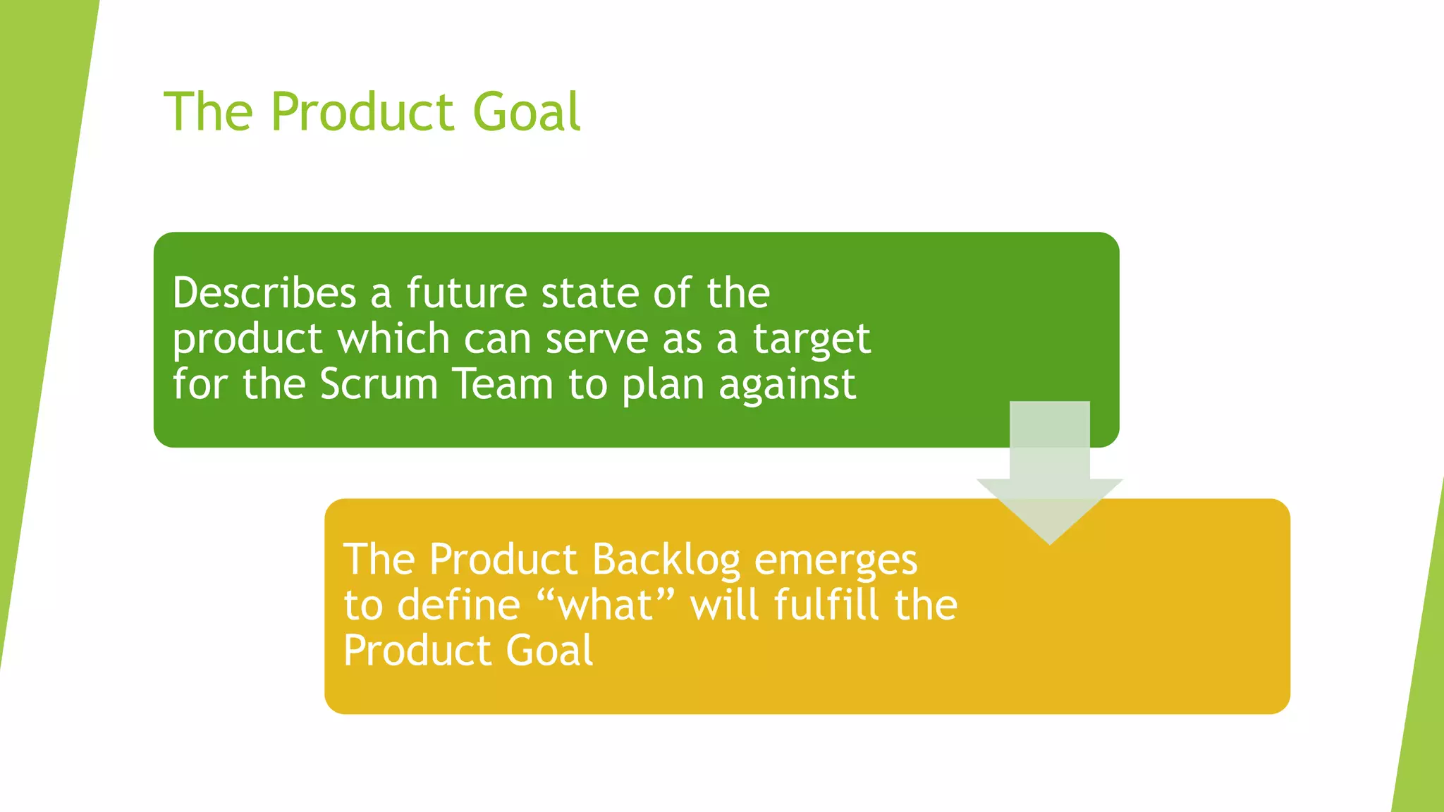 The Product Goal
Describes a future state of the
product which can serve as a target
for the Scrum Team to plan against
The Product Backlog emerges
to define “what” will fulfill the
Product Goal
 