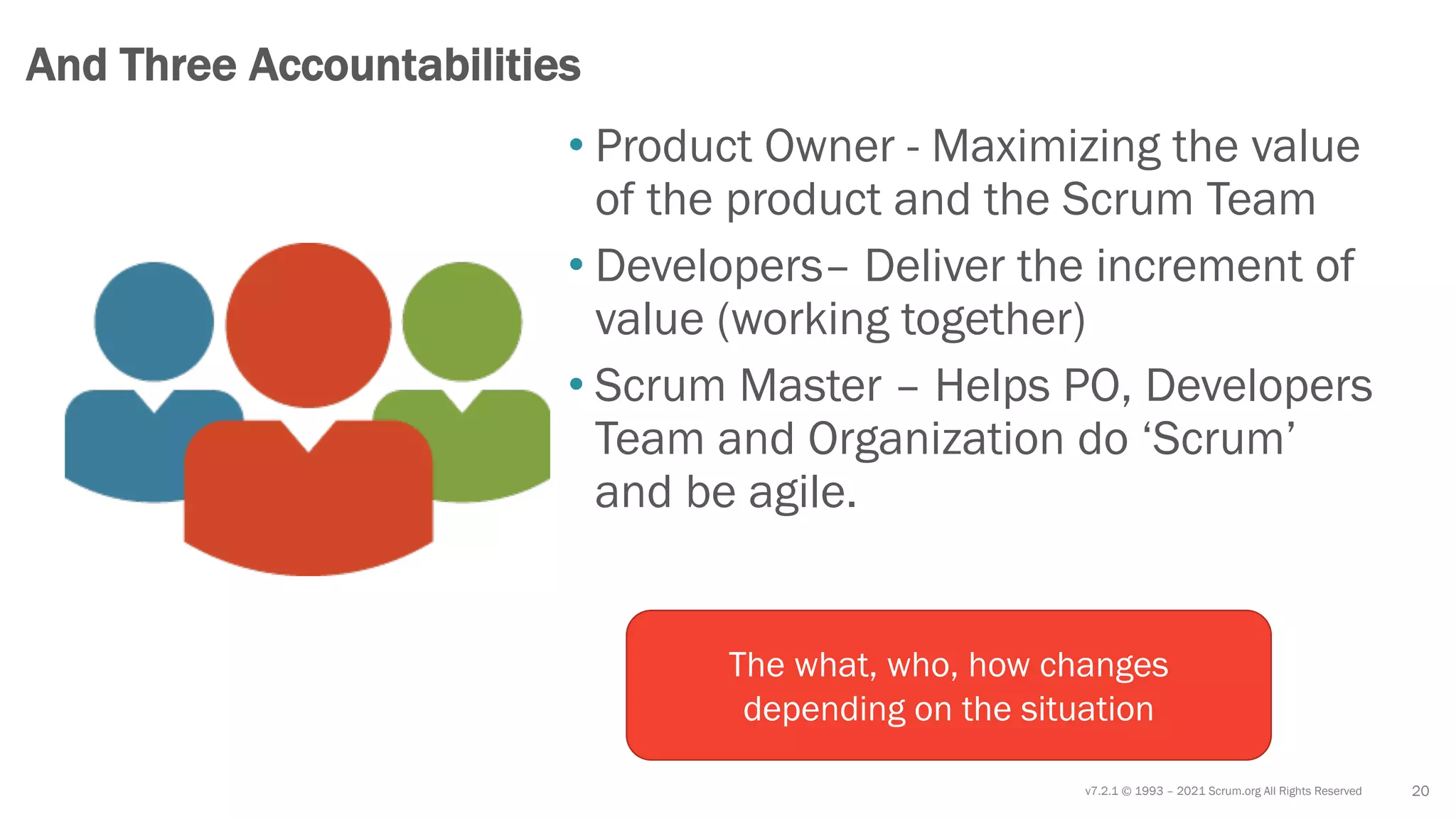 v7.2.1 © 1993 – 2021 Scrum.org All Rights Reserved
• Product Owner - Maximizing the value
of the product and the Scrum Team
• Developers– Deliver the increment of
value (working together)
• Scrum Master – Helps PO, Developers
Team and Organization do ‘Scrum’
and be agile.
20
And Three Accountabilities
The what, who, how changes
depending on the situation
 