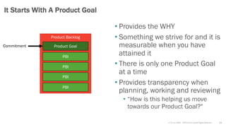 v7.2.1 © 1993 – 2021 Scrum.org All Rights Reserved
• Provides the WHY
• Something we strive for and it is
measurable when you have
attained it
• There is only one Product Goal
at a time
• Provides transparency when
planning, working and reviewing
• “How is this helping us move
towards our Product Goal?"
14
It Starts With A Product Goal
Product Backlog
PBI
PBI
PBI
PBI
Product Goal
Commitment
 