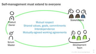 v7.2.1 © 1993 – 2021 Scrum.org All Rights Reserved
Self-management must extend to everyone
21
Development
Team
21
Stakeholders
Scrum
Master
Product
Owner
Mutual respect
Shared values, goals, commitments
Interdependence
Mutually-agreed working agreements
 