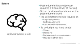 v7.2.1 © 1993 – 2021 Scrum.org All Rights Reserved
• Post industrial knowledge work
requires a different way of working
• Scrum provides a foundation for the
post-industrial world
• The Scrum framework is focused on
• Empirical process
• Self Management
• Continuous Improvement
• To do it right you have to add
• Values
• Discipline
• Focus on customer outcomes
• Help each other do it
27
Scrum
DO NOT LEAVE YOUR BRAIN AT HOME
 