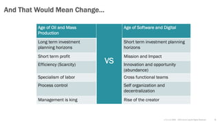 v7.2.1 © 1993 – 2021 Scrum.org All Rights Reserved 6
And That Would Mean Change…
Age of Oil and Mass
Production
VS
Age of Software and Digital
Long term investment
planning horizons
Short term investment planning
horizons
Short term profit Mission and Impact
Efficiency (Scarcity) Innovation and opportunity
(abundance)
Specialism of labor Cross functional teams
Process control Self organization and
decentralization
Management is king Rise of the creator
 