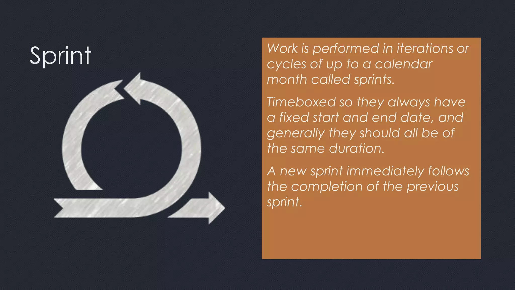 Sprint Work is performed in iterations or
cycles of up to a calendar
month called sprints.
Timeboxed so they always have
a fixed start and end date, and
generally they should all be of
the same duration.
A new sprint immediately follows
the completion of the previous
sprint.
 