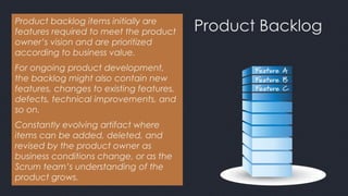 Product BacklogProduct backlog items initially are
features required to meet the product
owner’s vision and are prioritized
according to business value.
For ongoing product development,
the backlog might also contain new
features, changes to existing features,
defects, technical improvements, and
so on.
Constantly evolving artifact where
items can be added, deleted, and
revised by the product owner as
business conditions change, or as the
Scrum team’s understanding of the
product grows.
 