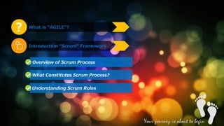 What is “AGILE”?
Introduction “Scrum” Framework
Your journey is about to begin
Overview of Scrum Process
What Constitutes Scrum Process?
Understanding Scrum Roles
 