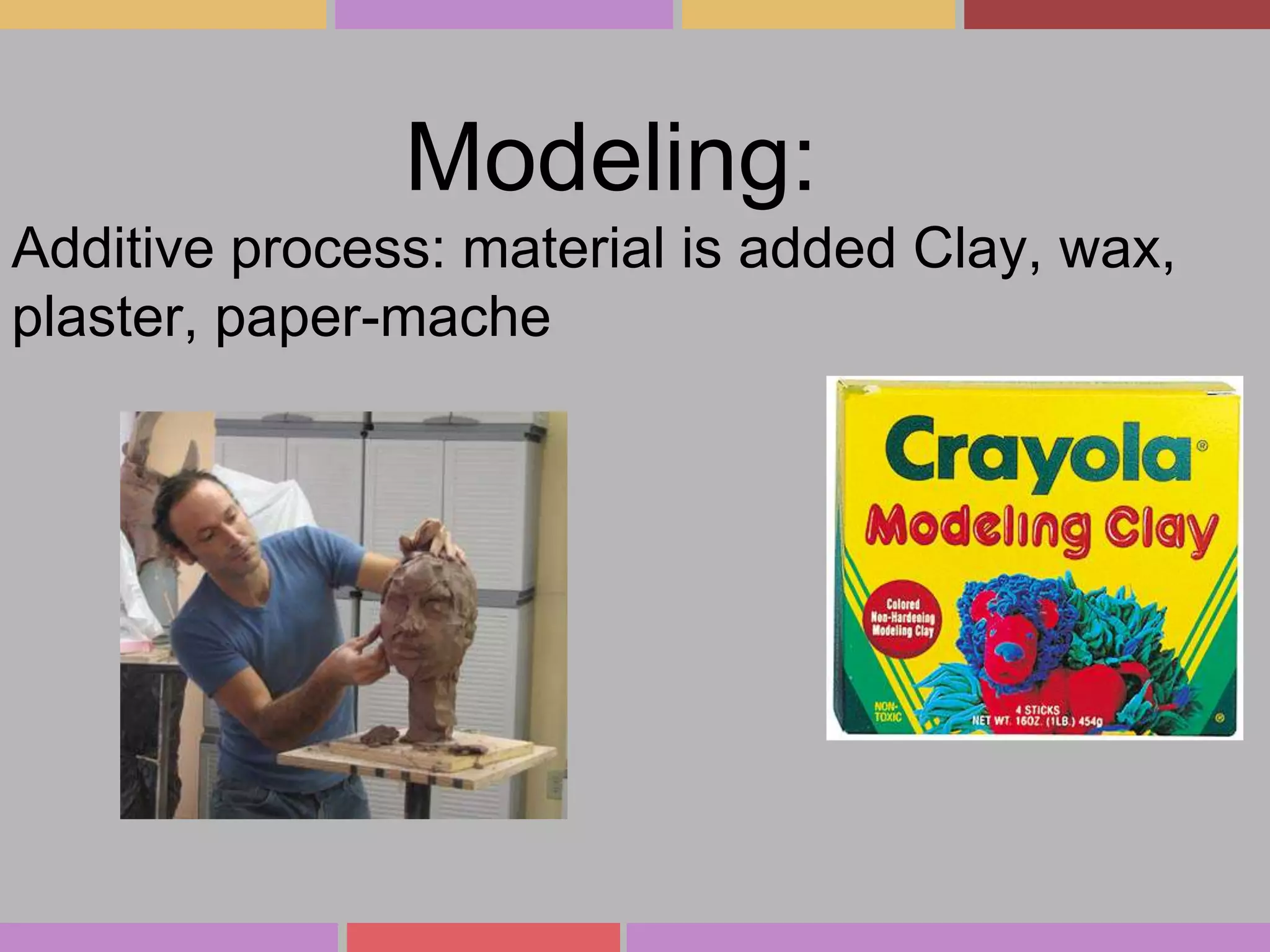 Modeling:
Additive process: material is added Clay, wax,
plaster, paper-mache

 