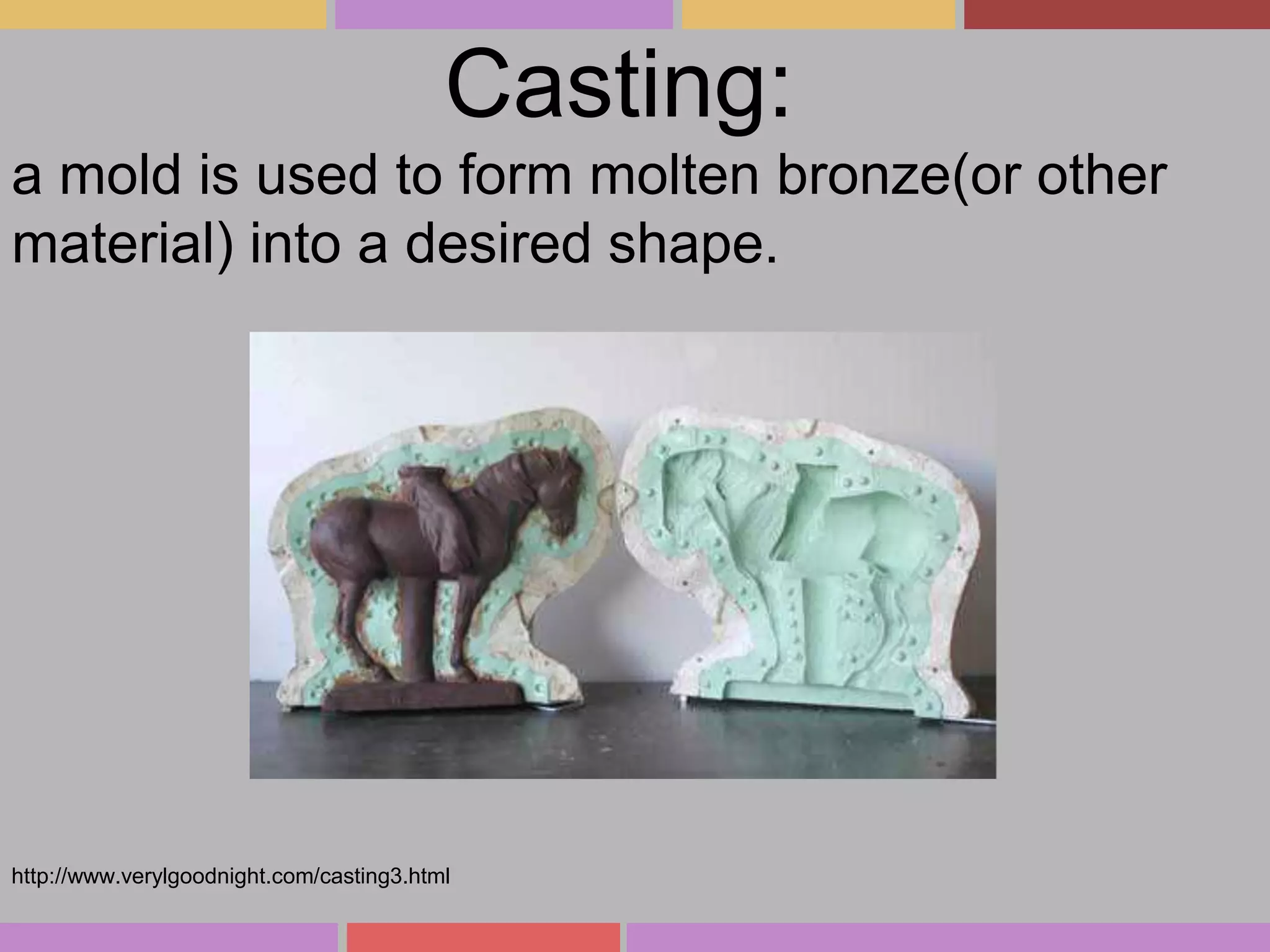 Casting:
a mold is used to form molten bronze(or other
material) into a desired shape.

http://www.verylgoodnight.com/casting3.html

 