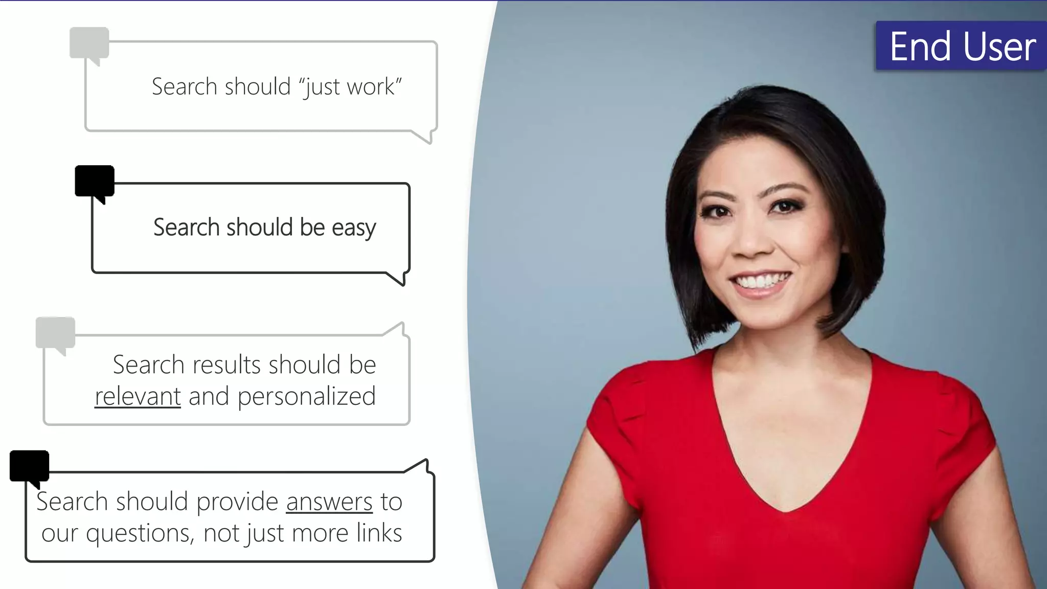 End User
Search should “just work”
Search should be easy
Search results should be
relevant and personalized
Search should provide answers to
our questions, not just more links
 