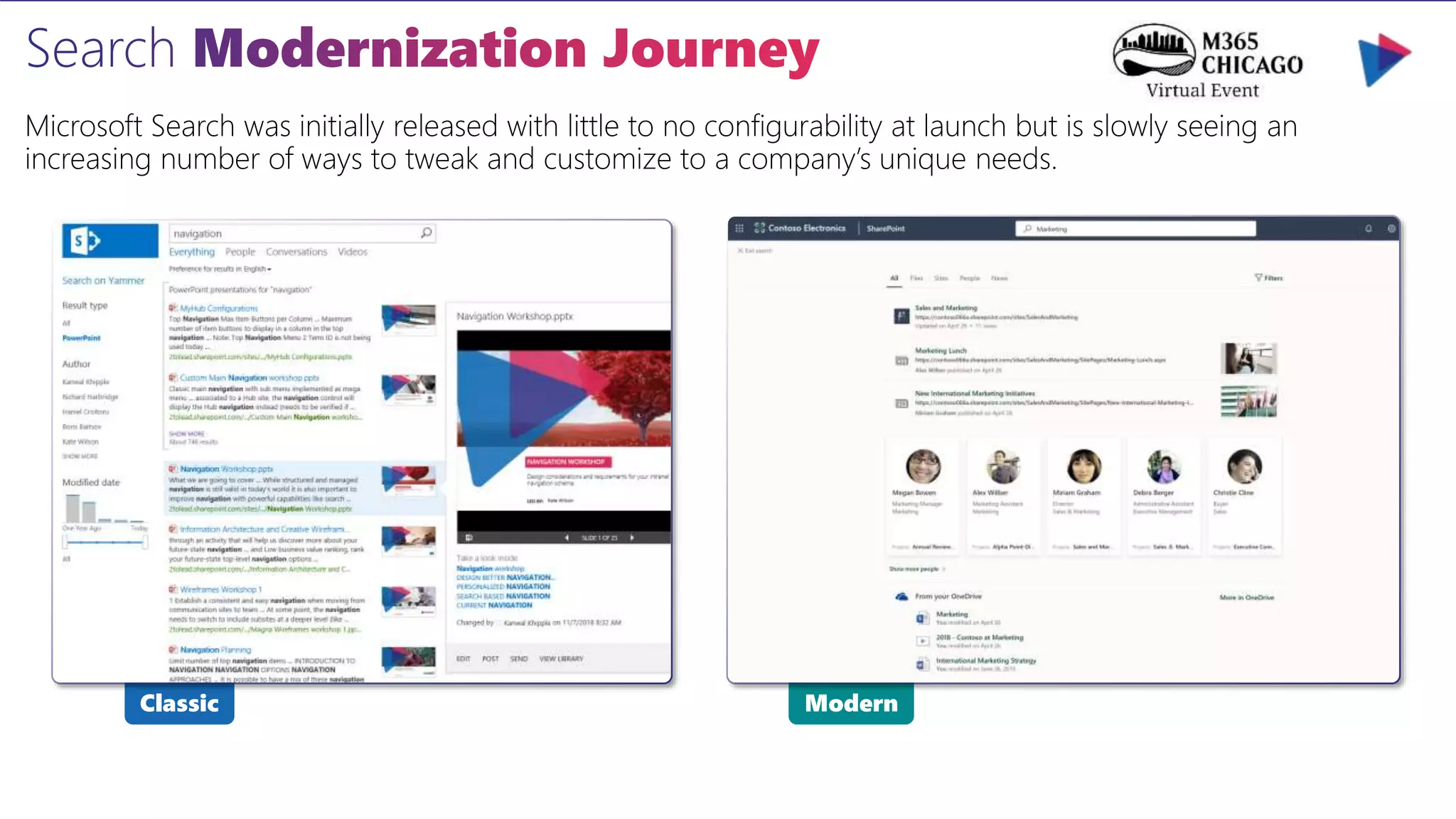 Modern
Classic
Microsoft Search was initially released with little to no configurability at launch but is slowly seeing an
increasing number of ways to tweak and customize to a company’s unique needs.
 