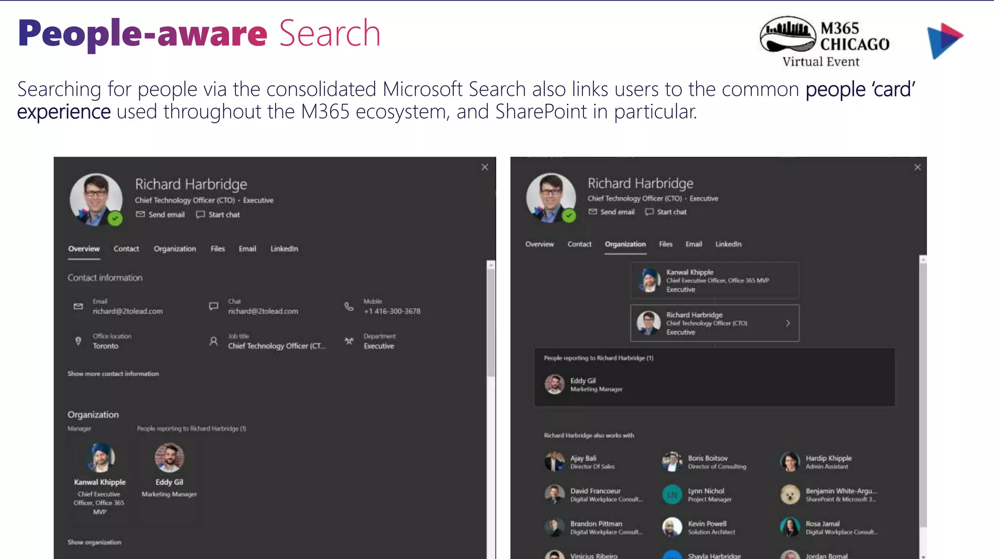 Searching for people via the consolidated Microsoft Search also links users to the common people ‘card’
experience used throughout the M365 ecosystem, and SharePoint in particular.
 