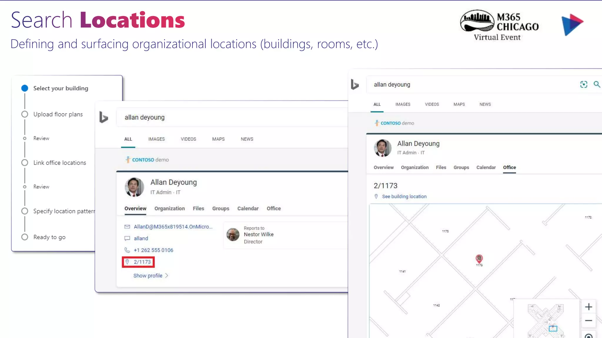 Defining and surfacing organizational locations (buildings, rooms, etc.)
 