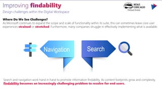 Design challenges within the Digital Workspace
Search and navigation work hand in hand to promote information findability. As content footprints grow and complexity,
findability becomes an increasingly challenging problem to resolve for end users.
Where Do We See Challenges?
As Microsoft continues to expand the scope and scale of functionality within its suite, this can sometimes leave core user
experiences strained or stretched. Furthermore, many companies struggle in effectively implementing what is available.
Search
Navigation Search
 