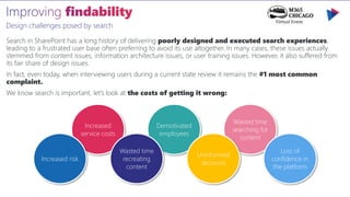 Design challenges posed by search
Search in SharePoint has a long history of delivering poorly designed and executed search experiences,
leading to a frustrated user base often preferring to avoid its use altogether. In many cases, these issues actually
stemmed from content issues, information architecture issues, or user training issues. However, it also suffered from
its fair share of design issues.
In fact, even today, when interviewing users during a current state review it remains the #1 most common
complaint.
We know search is important, let’s look at the costs of getting it wrong:
Wasted time
searching for
content
Demotivated
employees
Increased
service costs
Increased risk
Wasted time
recreating
content
Uninformed
decisions
Loss of
confidence in
the platform
 