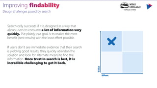 Design challenges posed by search
Search only succeeds if it is designed in a way that
allows users to consume a lot of information very
quickly. Put plainly, our goal is to realize the most
benefit (best results) with the least effort possible.
If users don’t see immediate evidence that their search
is yielding good results, they quickly abandon the
solution and look for alternate means to find the
information. Once trust in search is lost, it is
incredible challenging to get it back.
Effort
Value
 