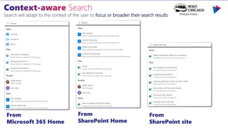 Search will adapt to the context of the user to focus or broaden their search results
From
Microsoft 365 Home
From
SharePoint Home
From
SharePoint site
 
