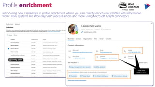 introducing new capabilities in profile enrichment where you can directly enrich user profiles with information
from HRMS systems like Workday, SAP SuccessFactors and more using Microsoft Graph connectors
coming soon
 