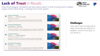 One of the biggest complaints we hear about search is that it brings back multiple
copies of the same thing – eroding trust in the system.
Challenges
Users don’t have an easy way to
report what they are seeing is a
problem, and it it’s not easy, no
one will do it.
 