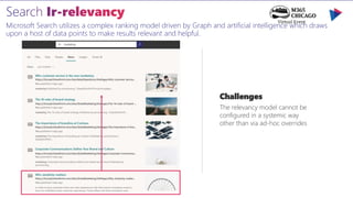 Microsoft Search utilizes a complex ranking model driven by Graph and artificial intelligence which draws
upon a host of data points to make results relevant and helpful.
Challenges
The relevancy model cannot be
configured in a systemic way
other than via ad-hoc overrides
 