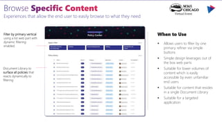 Experiences that allow the end user to easily browse to what they need
When to Use
 Allows users to filter by one
primary refiner via simple
buttons
 Simple design leverages out of
the box web parts
 Suitable for lower volumes of
content which is easily
accessible by even unfamiliar
end users
 Suitable for content that resides
in a single Document Library
 Suitable for a targeted
application
Filter by primary vertical
using a list web part with
dynamic filtering
enabled.
Document Library to
surface all policies that
reacts dynamically to
filtering
 