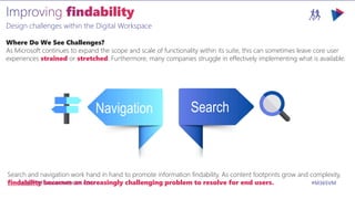 M365VIRTUALMARATHON.COM #M365VM
Design challenges within the Digital Workspace
Search and navigation work hand in hand to promote information findability. As content footprints grow and complexity,
findability becomes an increasingly challenging problem to resolve for end users.
Where Do We See Challenges?
As Microsoft continues to expand the scope and scale of functionality within its suite, this can sometimes leave core user
experiences strained or stretched. Furthermore, many companies struggle in effectively implementing what is available.
Search
Navigation Search
 