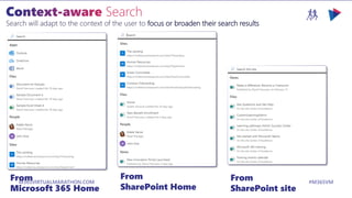 M365VIRTUALMARATHON.COM #M365VM
Search will adapt to the context of the user to focus or broaden their search results
From
Microsoft 365 Home
From
SharePoint Home
From
SharePoint site
 