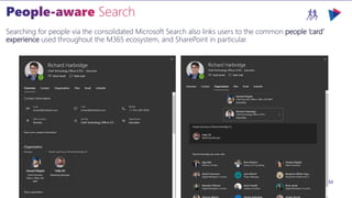M365VIRTUALMARATHON.COM #M365VM
Searching for people via the consolidated Microsoft Search also links users to the common people ‘card’
experience used throughout the M365 ecosystem, and SharePoint in particular.
 