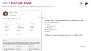 M365VIRTUALMARATHON.COM #M365VM
Add more relevant organizational properties to your people results
Add any of the following attributes to be displayed from AAD:
 UserPrincipalName
 Fax
 StreetAddress
 PostalCode
 StateOrProvince
 Alias
Add up to 15 additional custom attributes from AD or AAD.
 