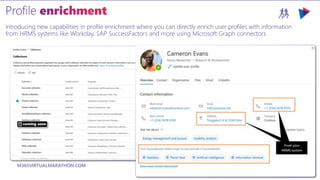M365VIRTUALMARATHON.COM #M365VM
introducing new capabilities in profile enrichment where you can directly enrich user profiles with information
from HRMS systems like Workday, SAP SuccessFactors and more using Microsoft Graph connectors
coming soon
 