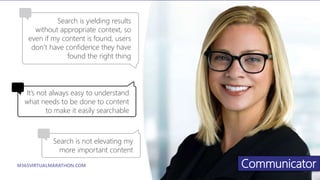 M365VIRTUALMARATHON.COM #M365VM
Communicator
Search is yielding results
without appropriate context, so
even if my content is found, users
don’t have confidence they have
found the right thing
Search is not elevating my
more important content
It’s not always easy to understand
what needs to be done to content
to make it easily searchable
 