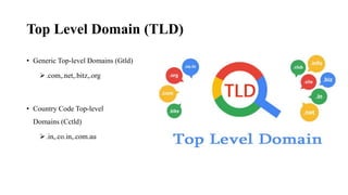 Top Level Domain (TLD)
• Generic Top-level Domains (Gtld)
➢.com,.net,.bitz,.org
• Country Code Top-level
Domains (Cctld)
➢.in,.co.in,.com.au
 