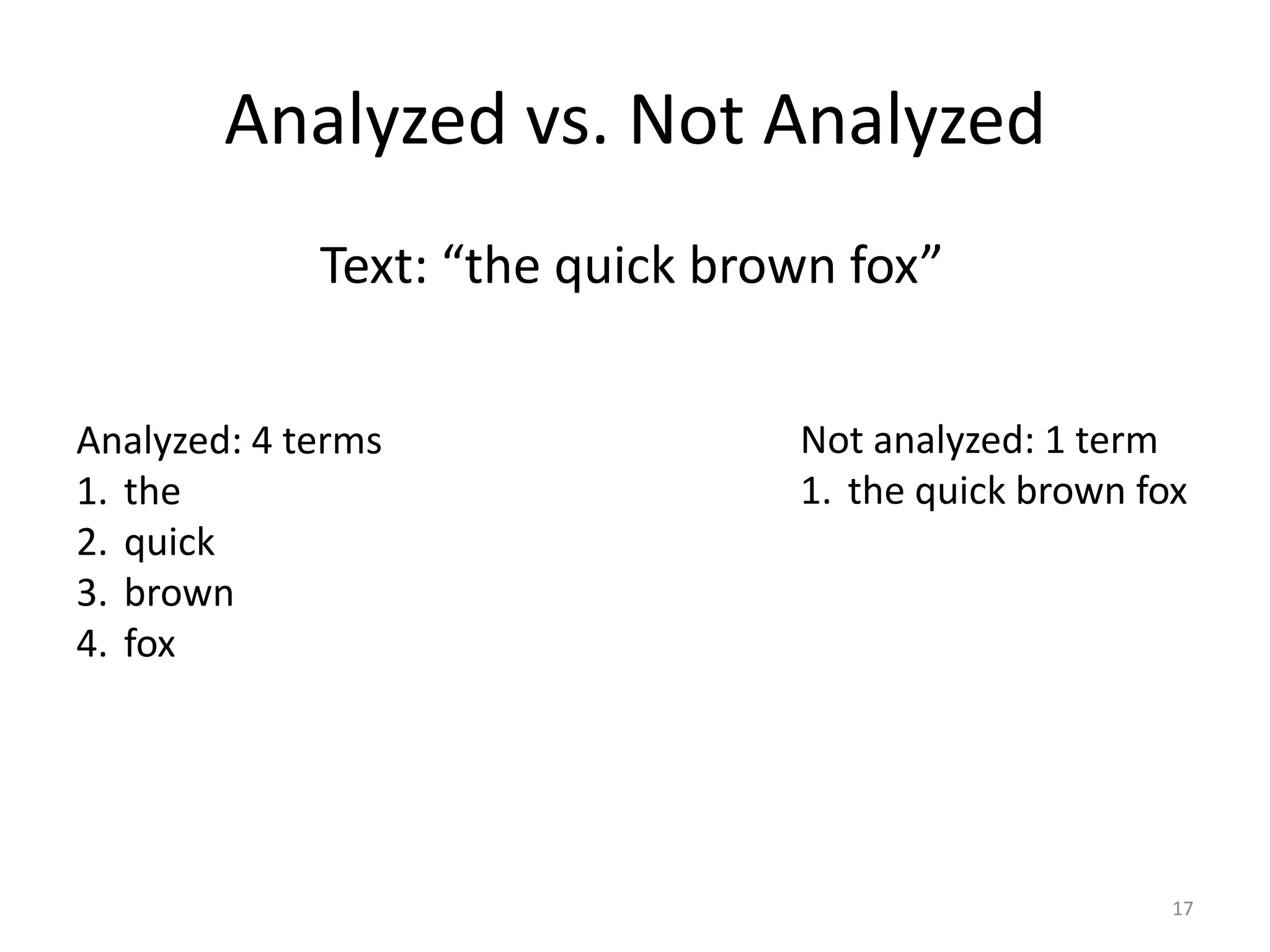 Analyzed vs. Not Analyzed
             Text: “the quick brown fox”


Analyzed: 4 terms                Not analyzed: 1 term
1. the                           1. the quick brown fox
2. quick
3. brown
4. fox




                                                      17
 