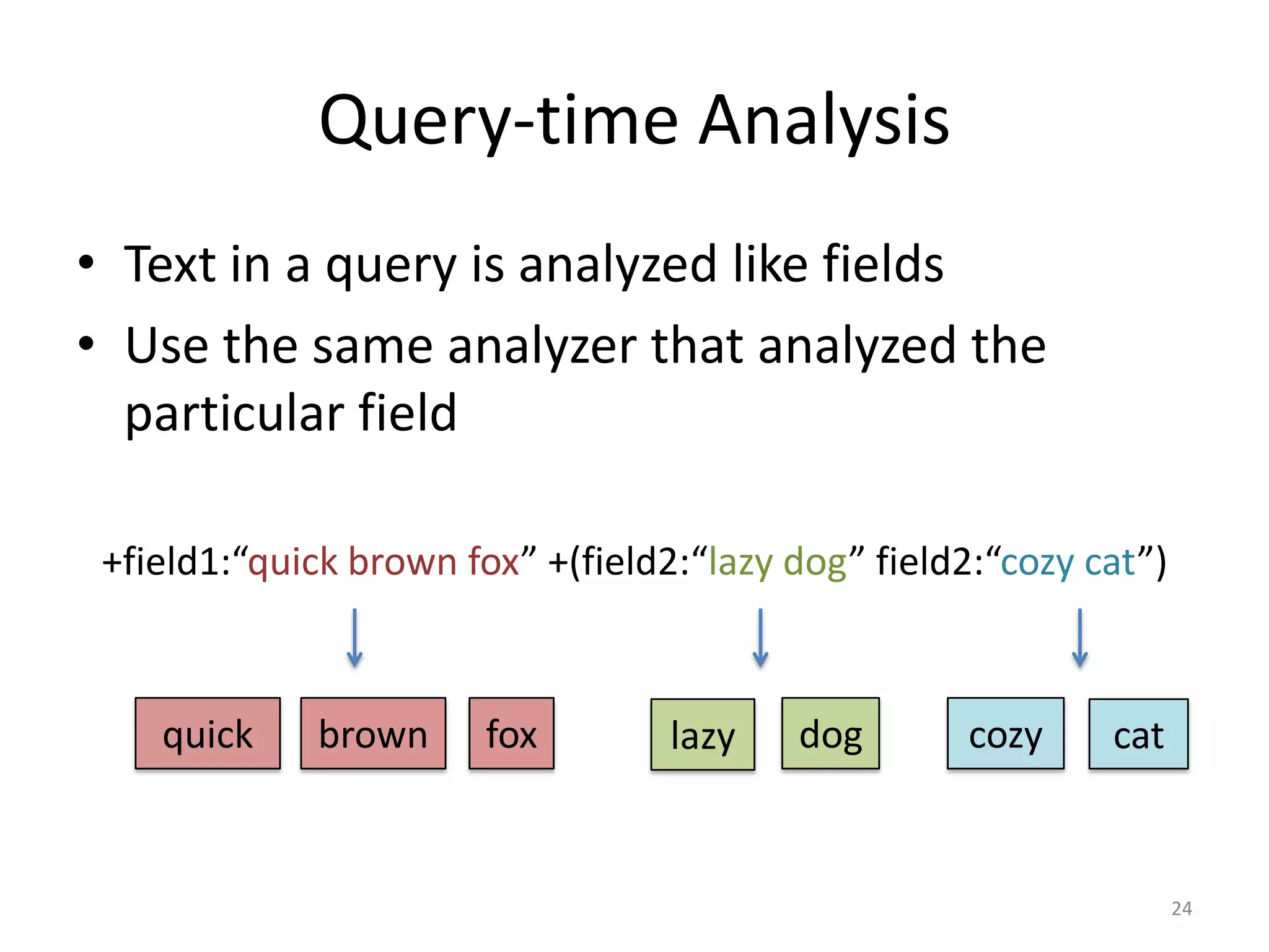 Query-time Analysis
• Text in a query is analyzed like fields
• Use the same analyzer that analyzed the
  particular field

 +field1:“quick brown fox” +(field2:“lazy dog” field2:“cozy cat”)



    quick    brown      fox        lazy   dog        cozy    cat


                                                                    24
 