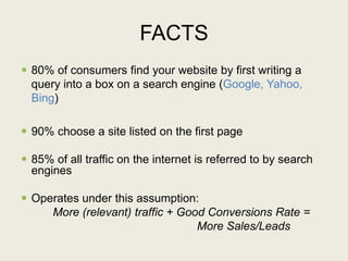 FACTS
 80% of consumers find your website by first writing a
query into a box on a search engine (Google, Yahoo,
Bing)
 90% choose a site listed on the first page
 85% of all traffic on the internet is referred to by search
engines
 Operates under this assumption:
More (relevant) traffic + Good Conversions Rate =
More Sales/Leads
 